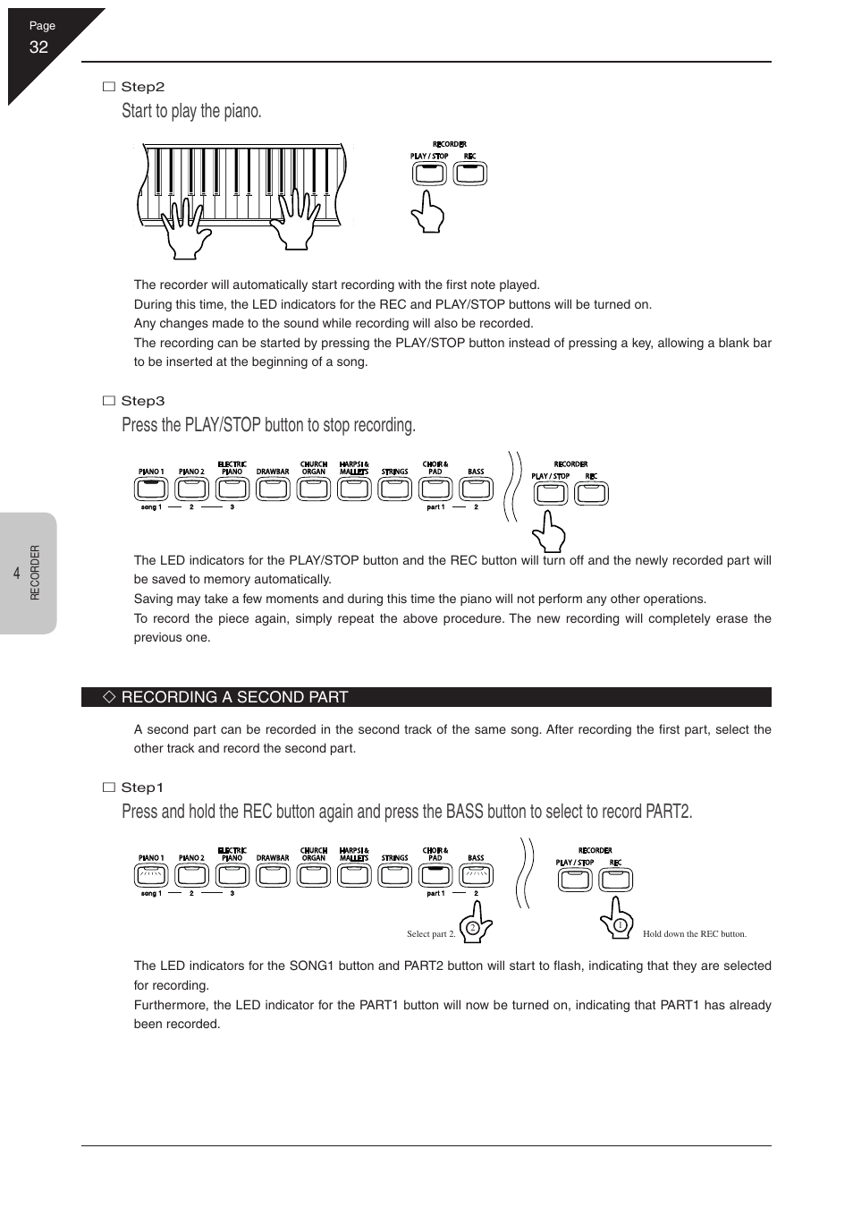 Start to play the piano, Press the play/stop button to stop recording | Kawai CN31 User Manual | Page 32 / 58