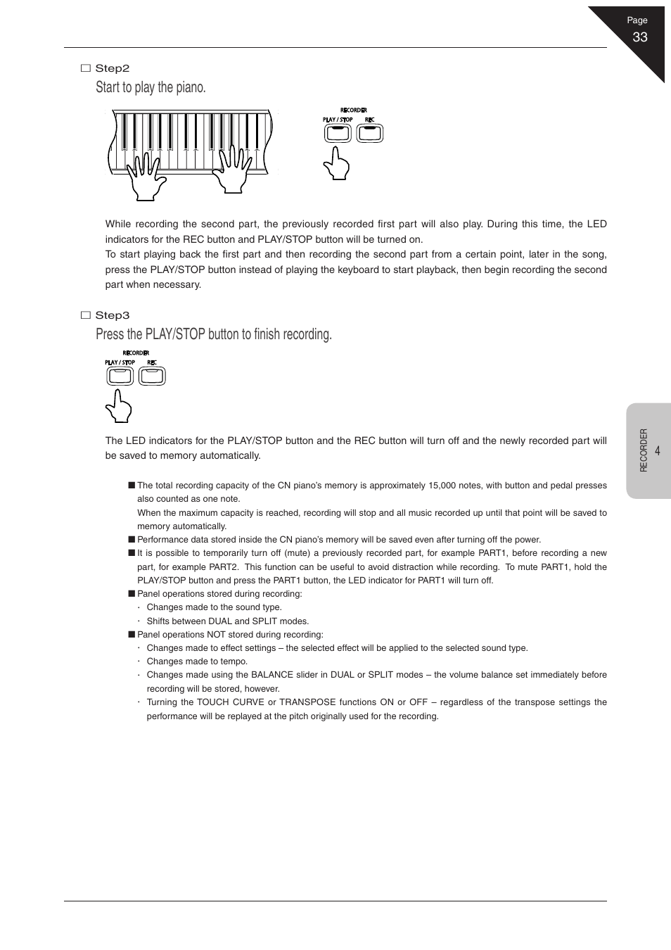 Start to play the piano, Press the play/stop button to fi nish recording | Kawai CN31 User Manual | Page 33 / 58