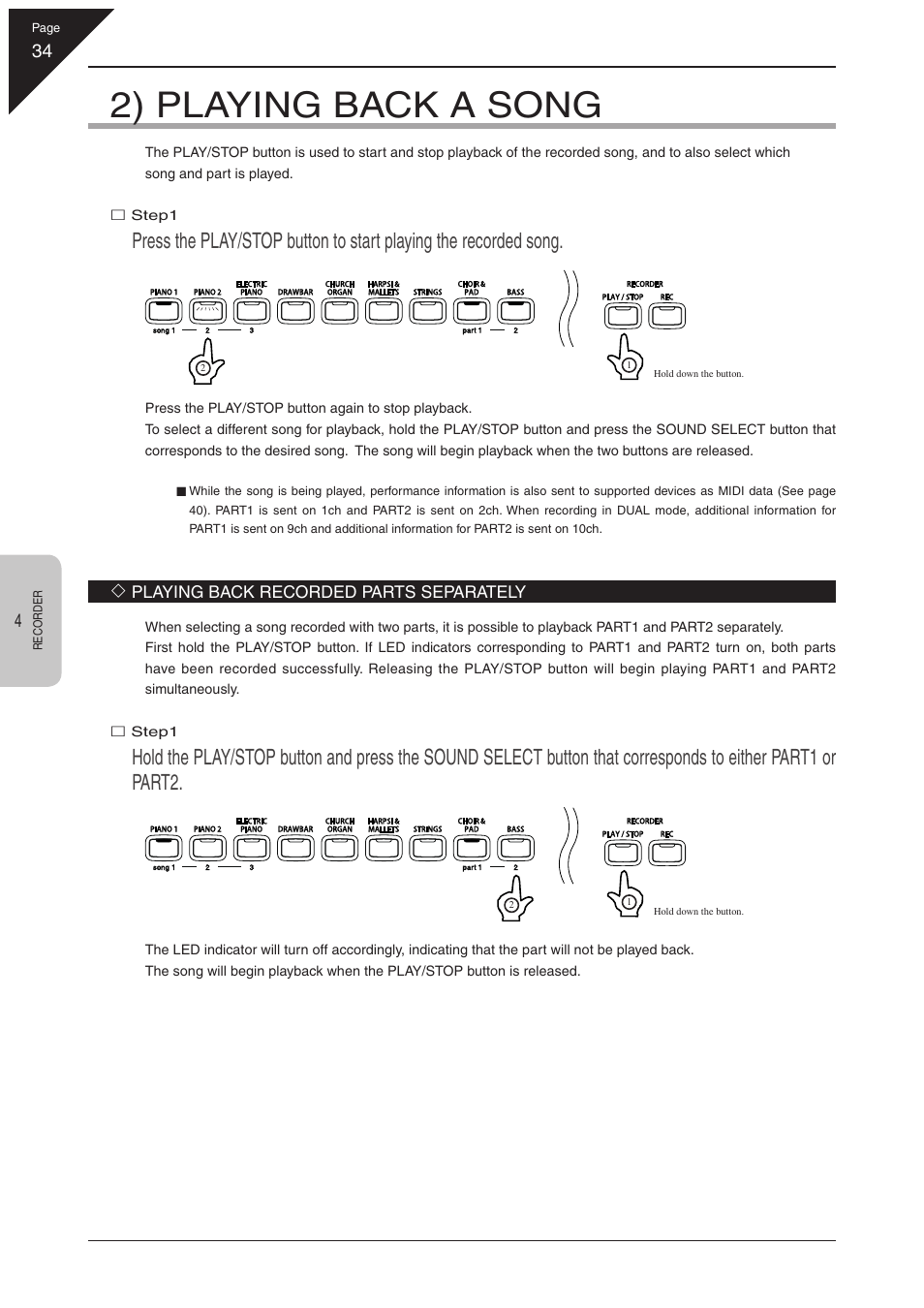 2) playing back a song | Kawai CN31 User Manual | Page 34 / 58
