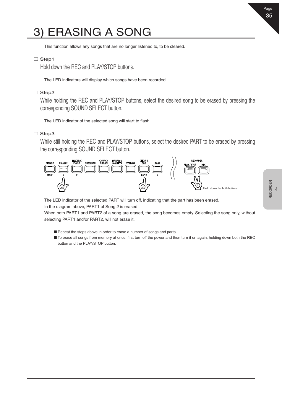 3) erasing a song, Hold down the rec and play/stop buttons | Kawai CN31 User Manual | Page 35 / 58