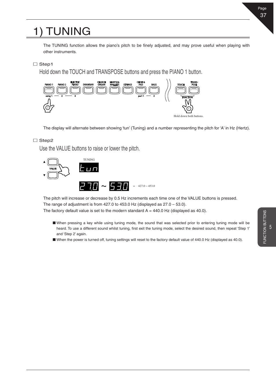 1) tuning, Use the value buttons to raise or lower the pitch | Kawai CN31 User Manual | Page 37 / 58