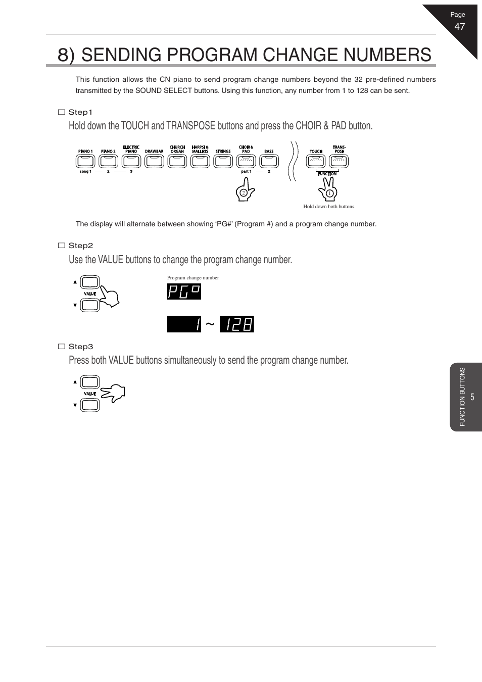 8) sending program change numbers | Kawai CN31 User Manual | Page 47 / 58