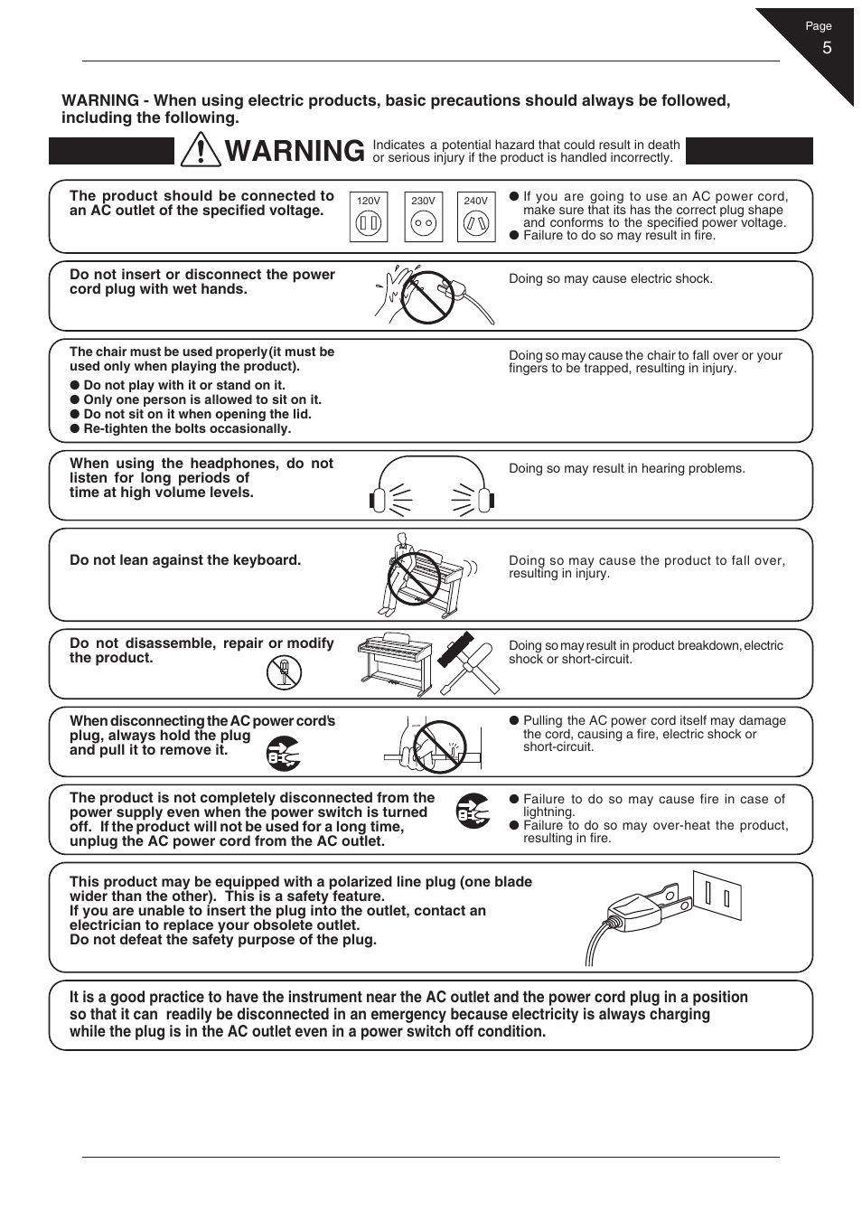 Warning | Kawai CN31 User Manual | Page 5 / 58