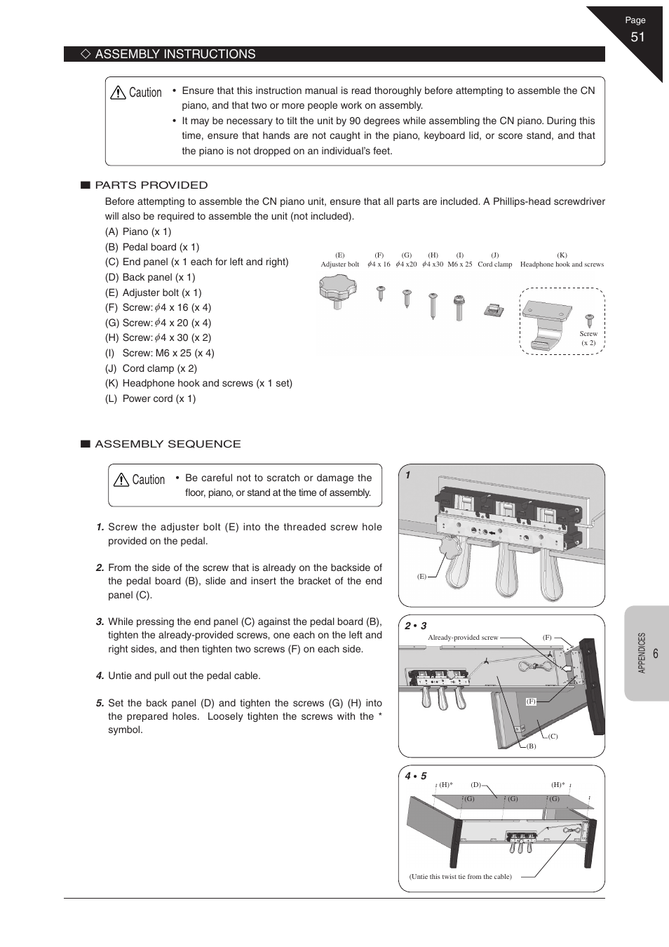 Caution, Assembly instructions | Kawai CN31 User Manual | Page 51 / 58