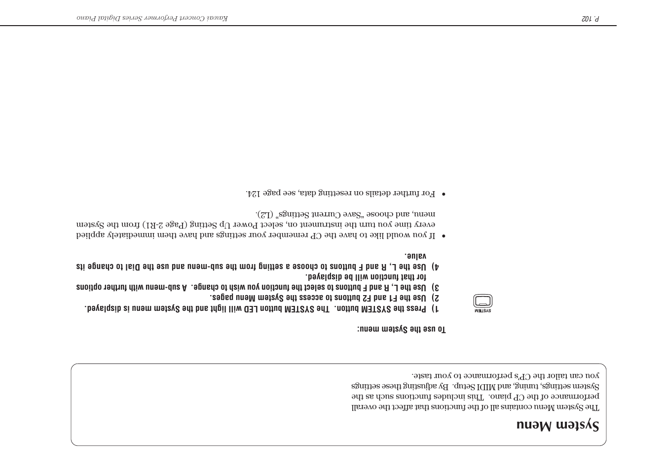 System menu | Kawai Concert Performer Series Digital Piano CP117 User Manual | Page 108 / 180