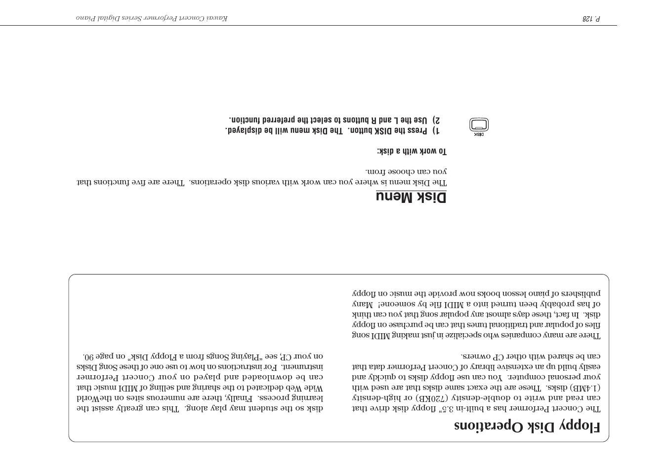 Floppy disk oper ations, Disk menu | Kawai Concert Performer Series Digital Piano CP117 User Manual | Page 134 / 180