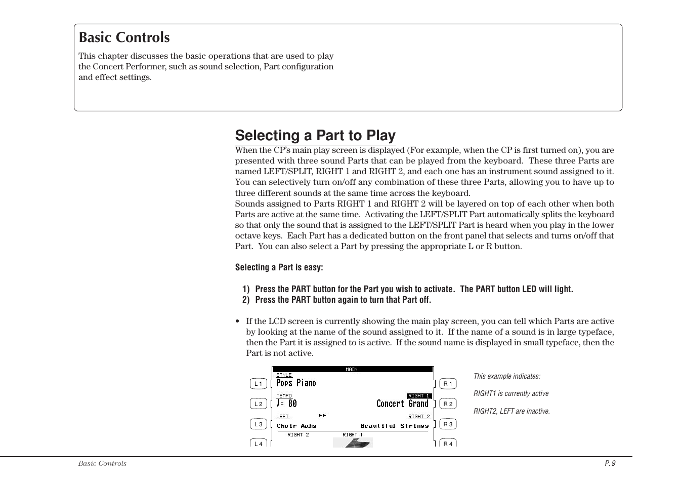 Basic controls, Selecting a part to play | Kawai Concert Performer Series Digital Piano CP117 User Manual | Page 15 / 180