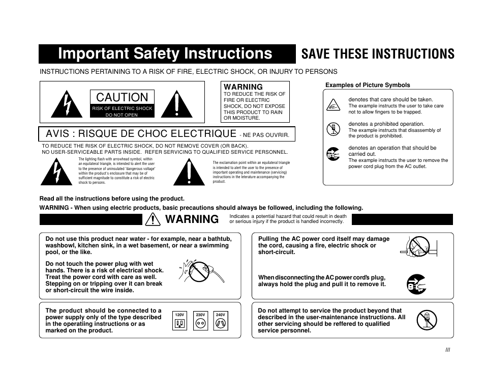 Important safety instructions, Save these instructions, Caution | Warning, Avis : risque de choc electrique | Kawai Concert Performer Series Digital Piano CP117 User Manual | Page 3 / 180