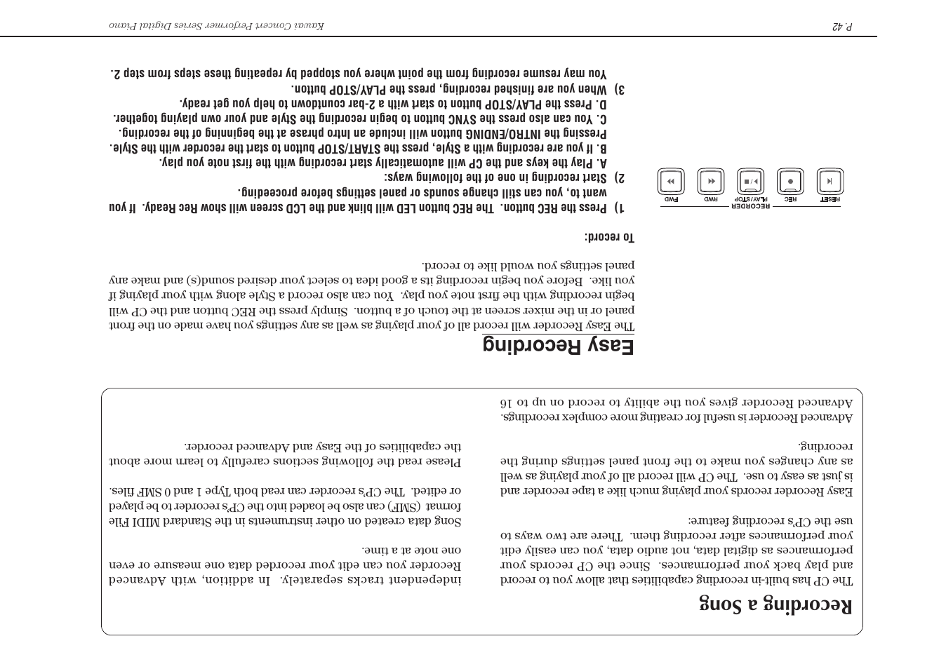 Recording a song, Easy recording | Kawai Concert Performer Series Digital Piano CP117 User Manual | Page 48 / 180