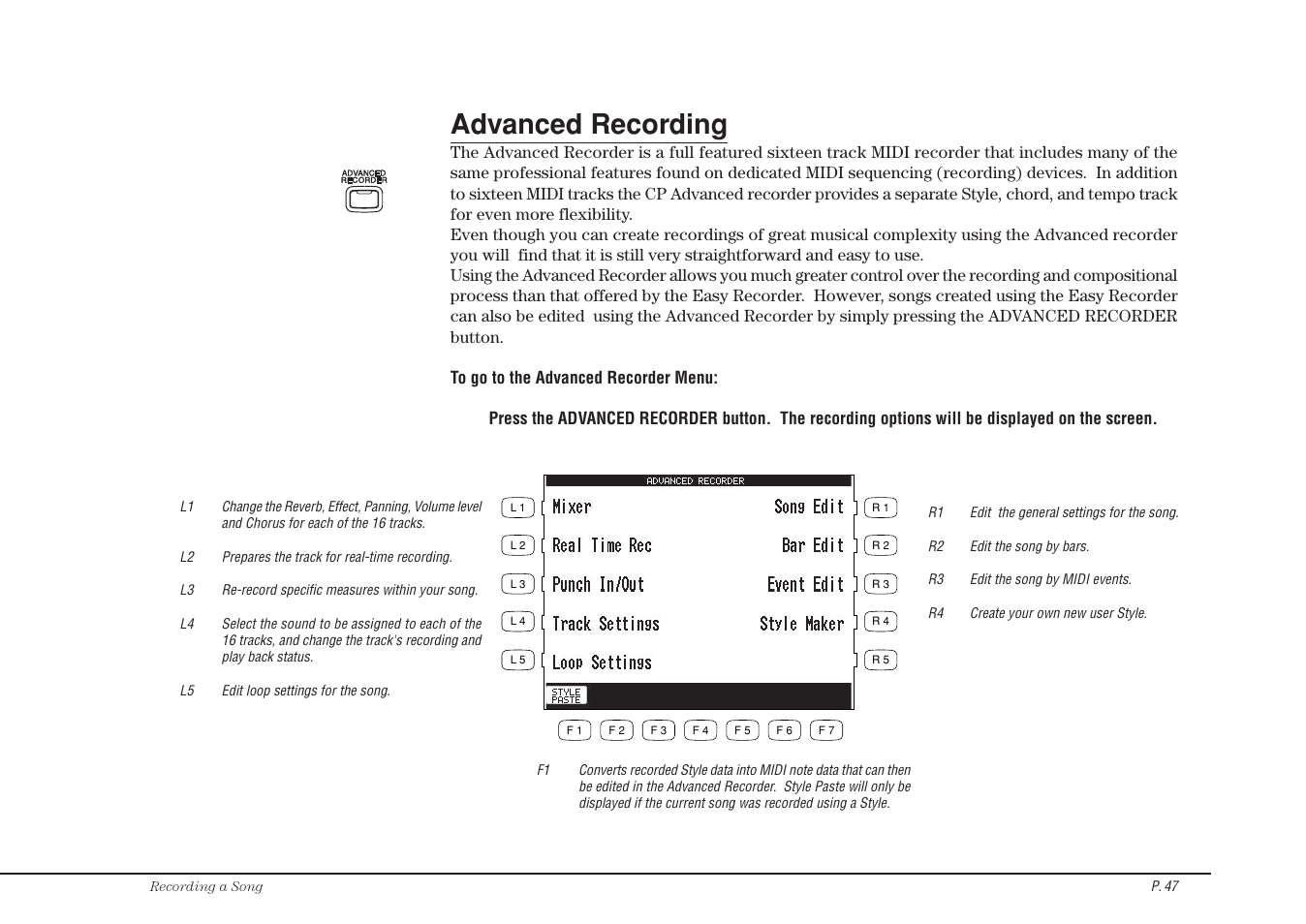 Advanced recording | Kawai Concert Performer Series Digital Piano CP117 User Manual | Page 53 / 180