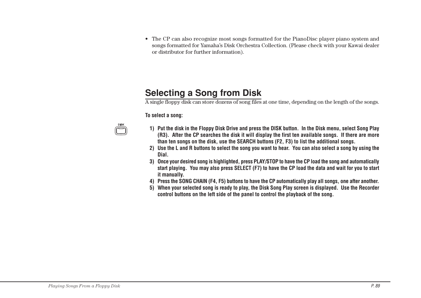 Selecting a song from disk | Kawai Concert Performer Series Digital Piano CP117 User Manual | Page 95 / 180