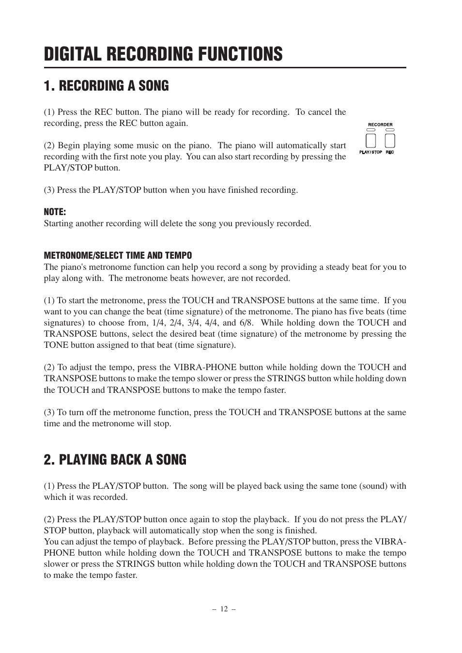 Digital recording functions, Recording a song, Playing back a song | Kawai DP100 User Manual | Page 12 / 22