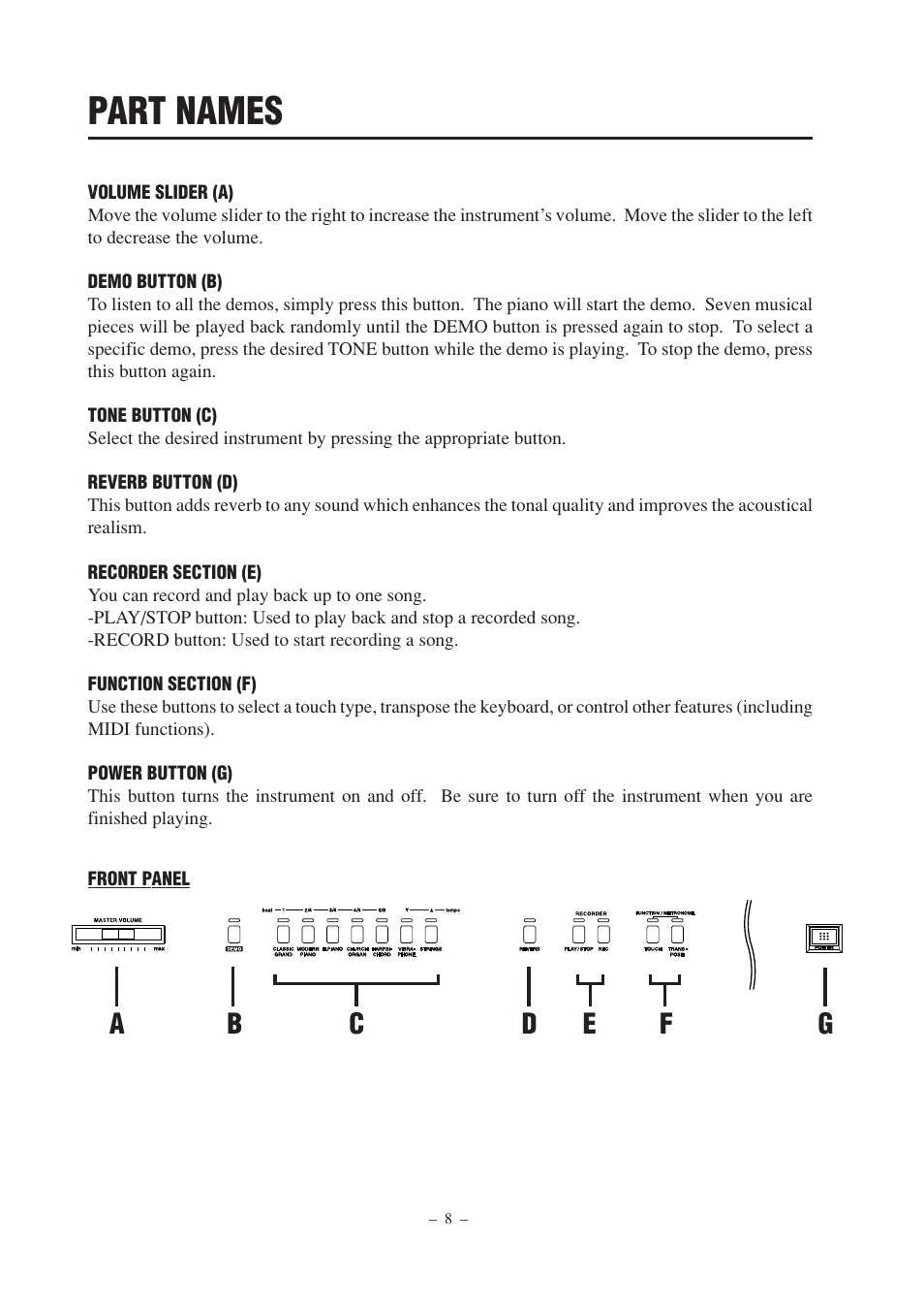 Part names | Kawai DP100 User Manual | Page 8 / 22