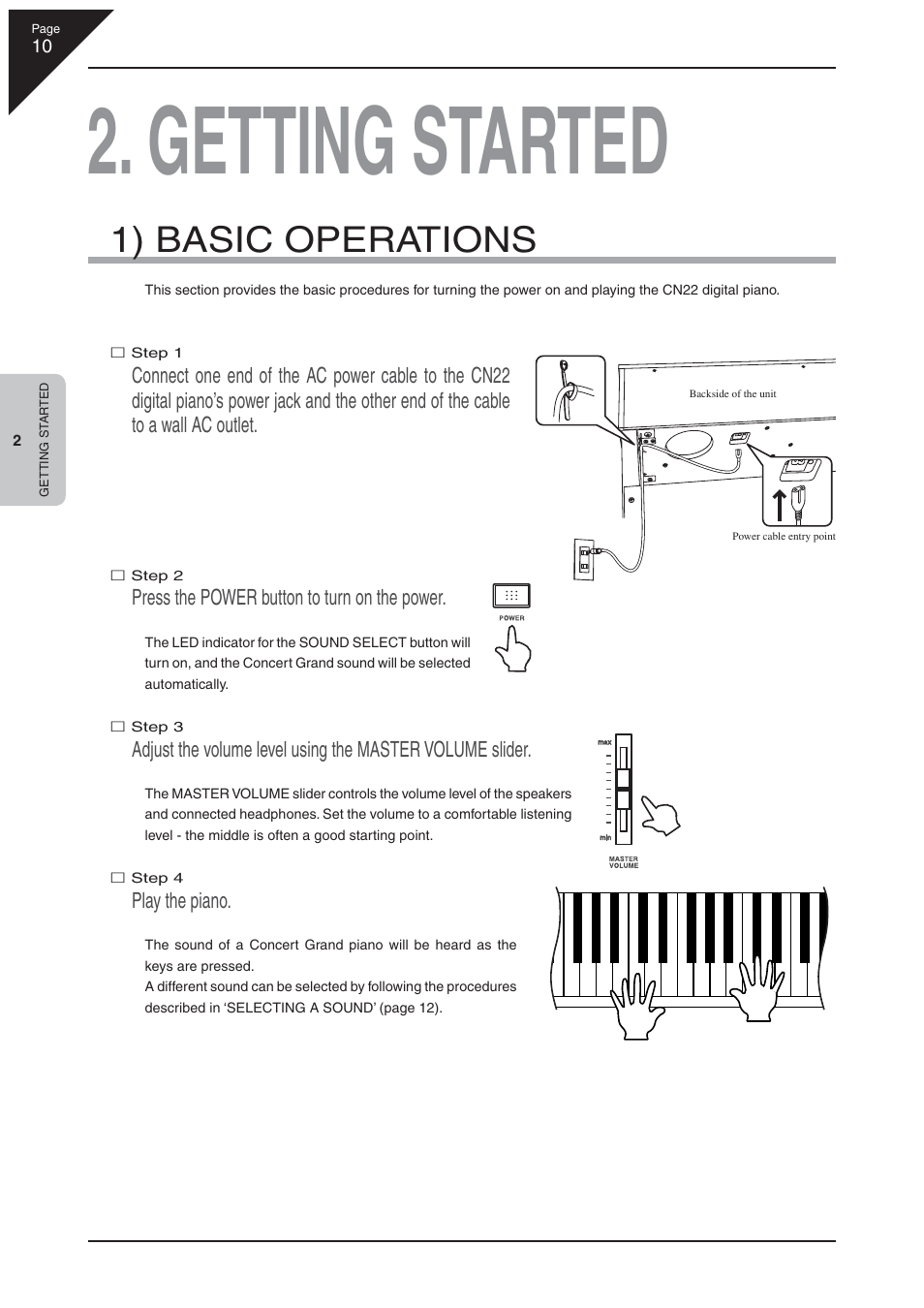 Getting started, 1) basic operations, Press the power button to turn on the power | Play the piano | Kawai CN22 User Manual | Page 10 / 42