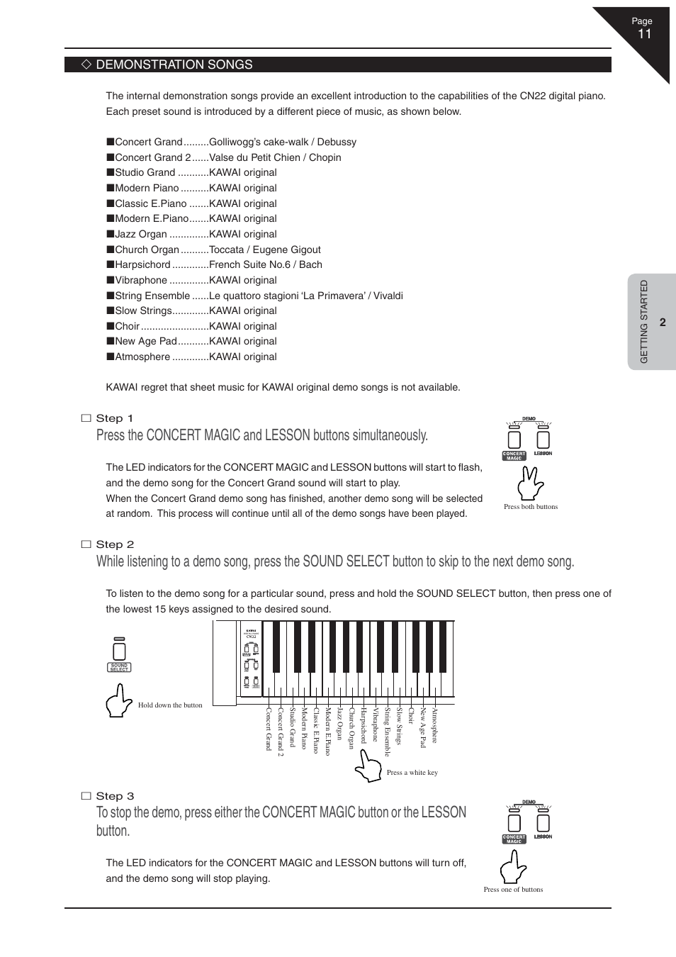 Demonstration songs | Kawai CN22 User Manual | Page 11 / 42