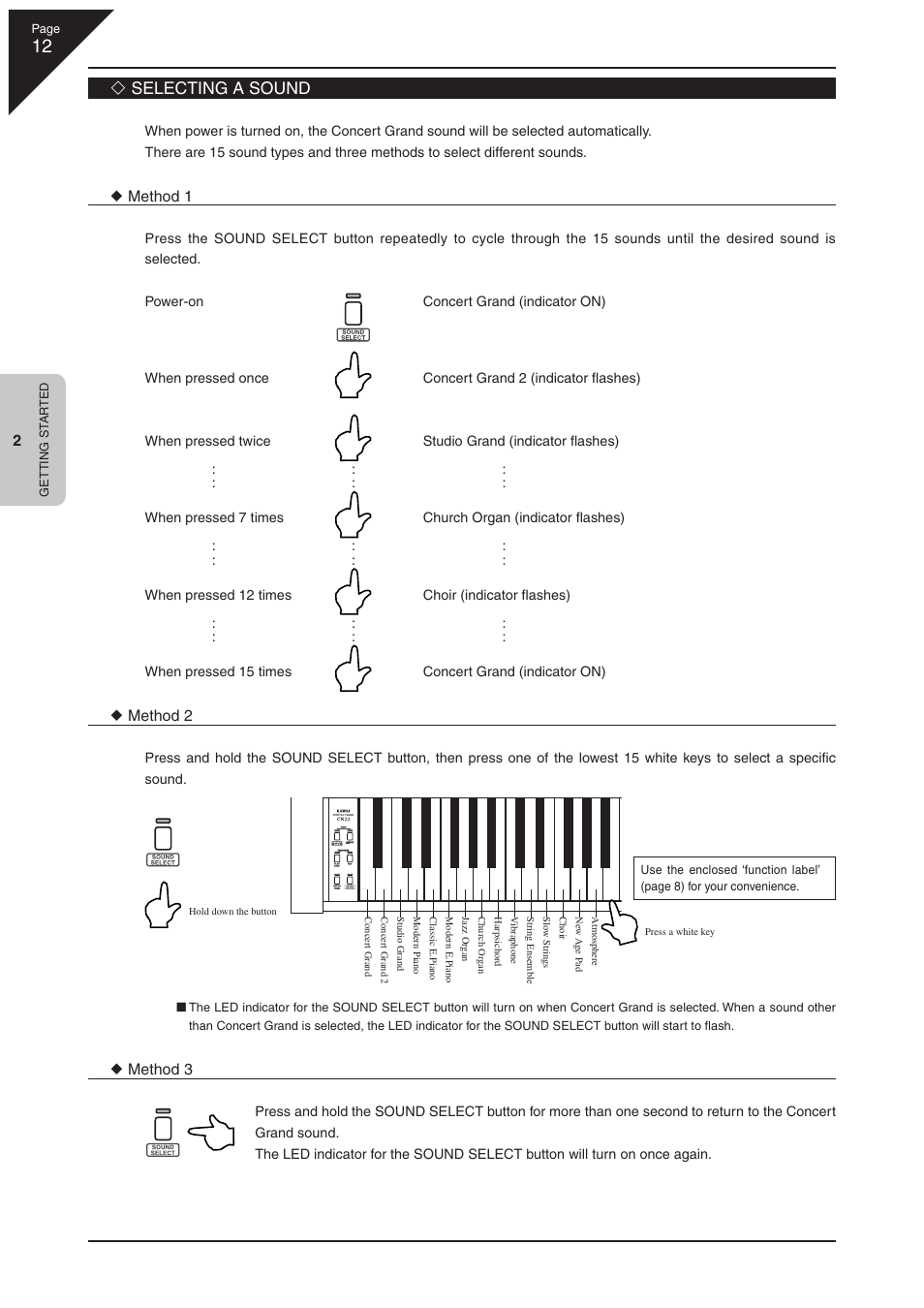 Selecting a sound | Kawai CN22 User Manual | Page 12 / 42