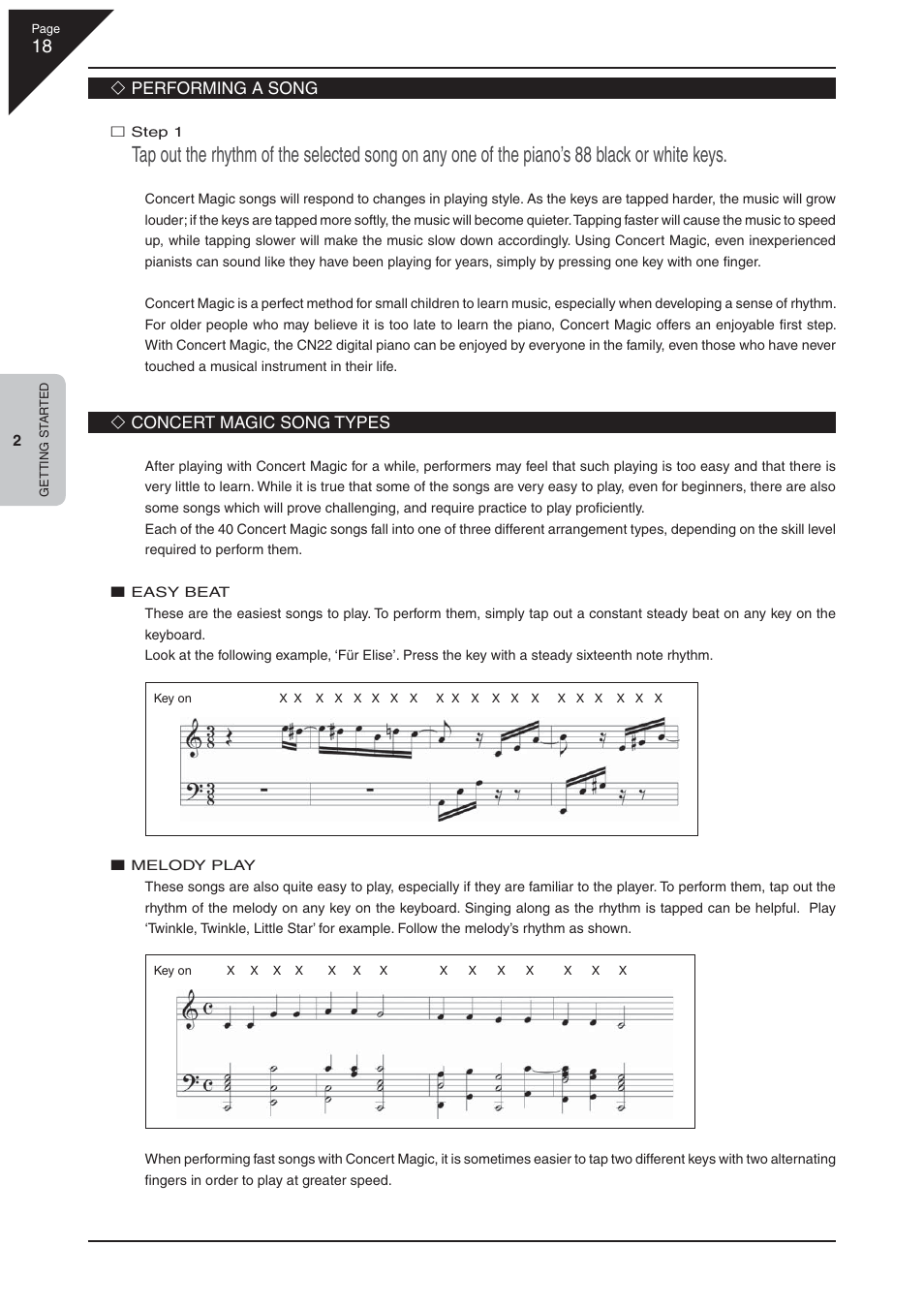 Performing a song, Concert magic song types | Kawai CN22 User Manual | Page 18 / 42