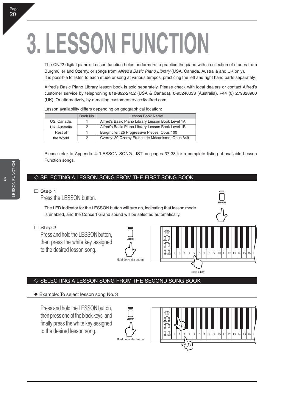 Lesson function, Press the lesson button | Kawai CN22 User Manual | Page 20 / 42