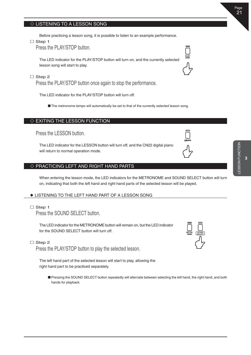 Press the play/stop button, Press the lesson button, Press the sound select button | Kawai CN22 User Manual | Page 21 / 42