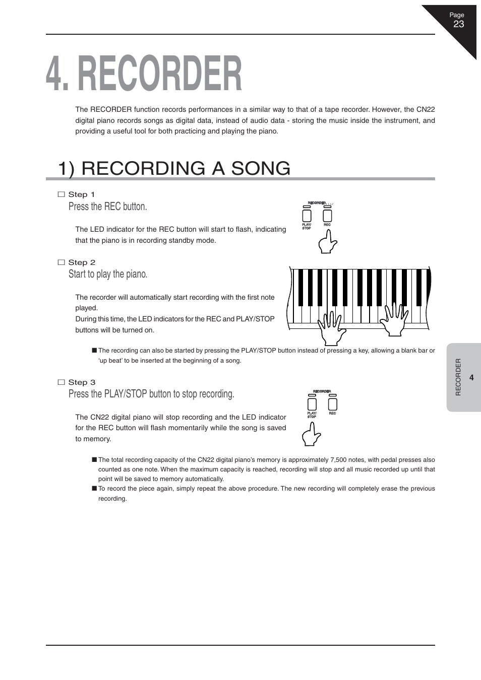 Recorder, 1) recording a song, Press the rec button | Start to play the piano, Press the play/stop button to stop recording | Kawai CN22 User Manual | Page 23 / 42