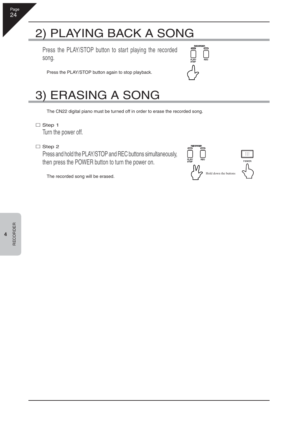 2) playing back a song, 3) erasing a song, Turn the power off | Kawai CN22 User Manual | Page 24 / 42