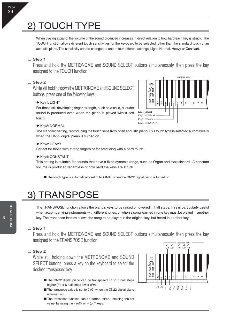 2) touch type, 3) transpose | Kawai CN22 User Manual | Page 26 / 42