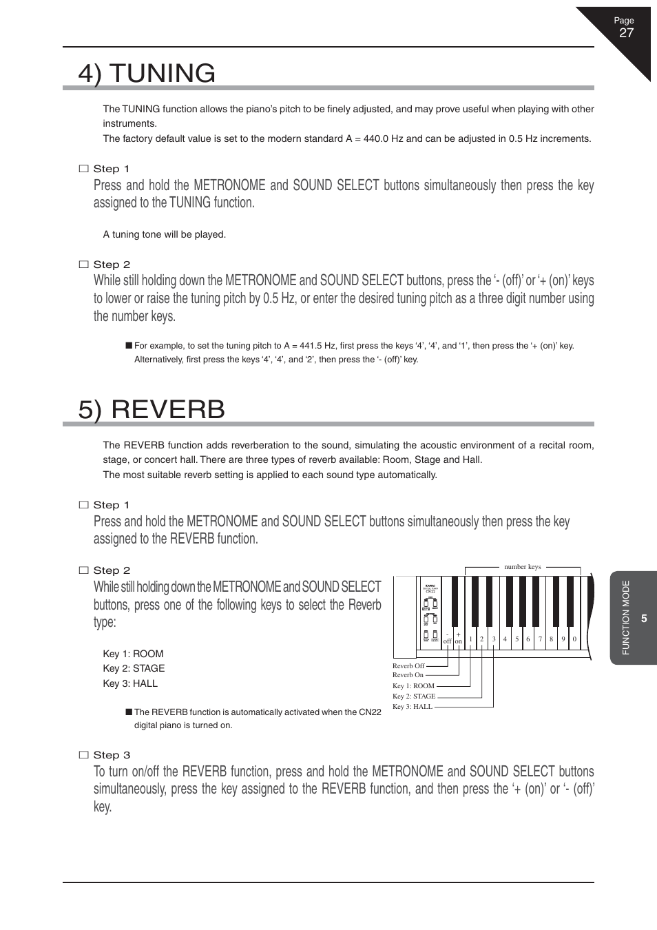 4) tuning, 5) reverb | Kawai CN22 User Manual | Page 27 / 42