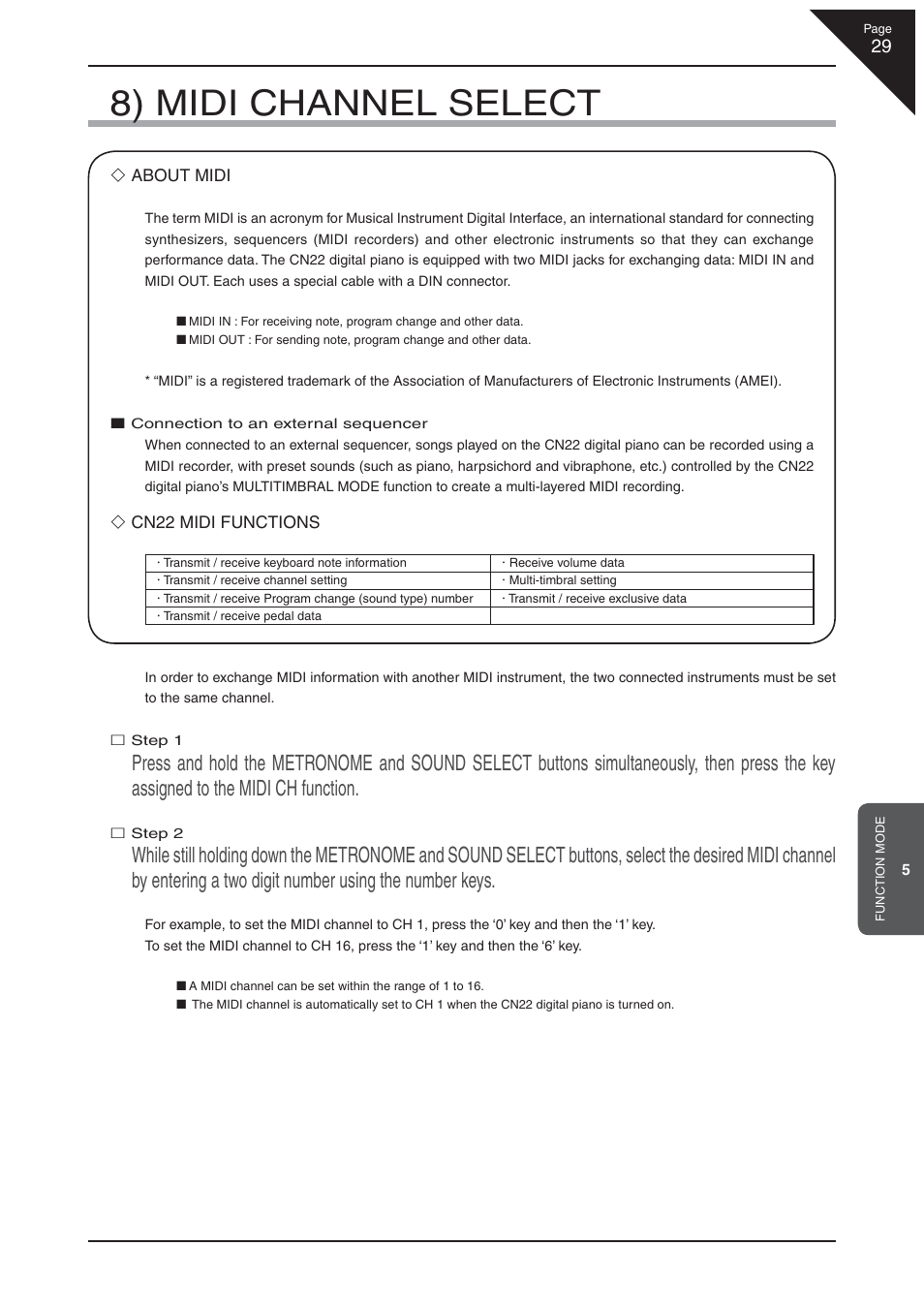 8) midi channel select | Kawai CN22 User Manual | Page 29 / 42