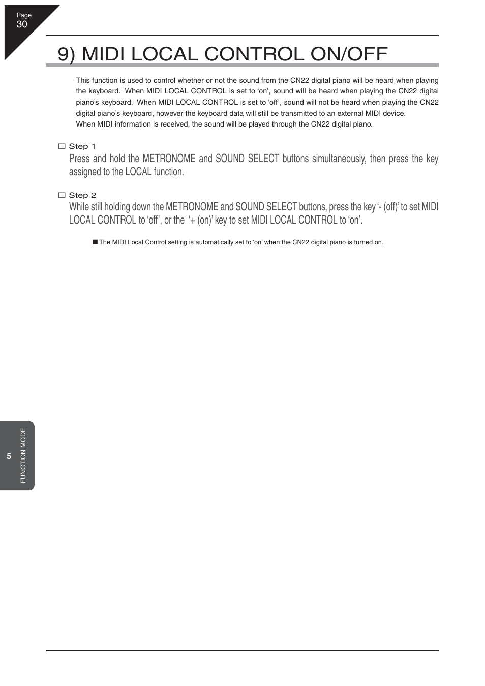 9) midi local control on/off | Kawai CN22 User Manual | Page 30 / 42