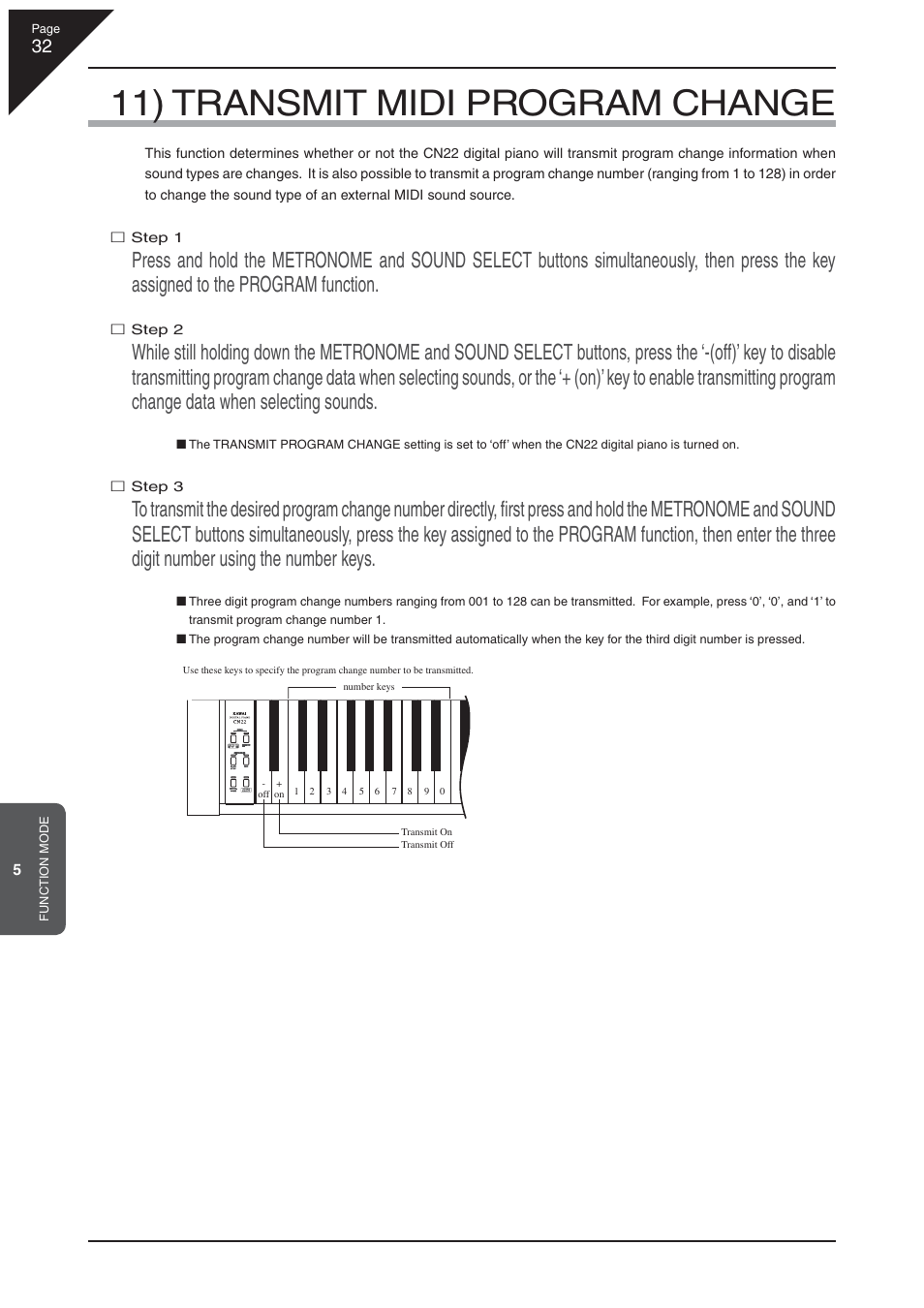 11) transmit midi program change | Kawai CN22 User Manual | Page 32 / 42