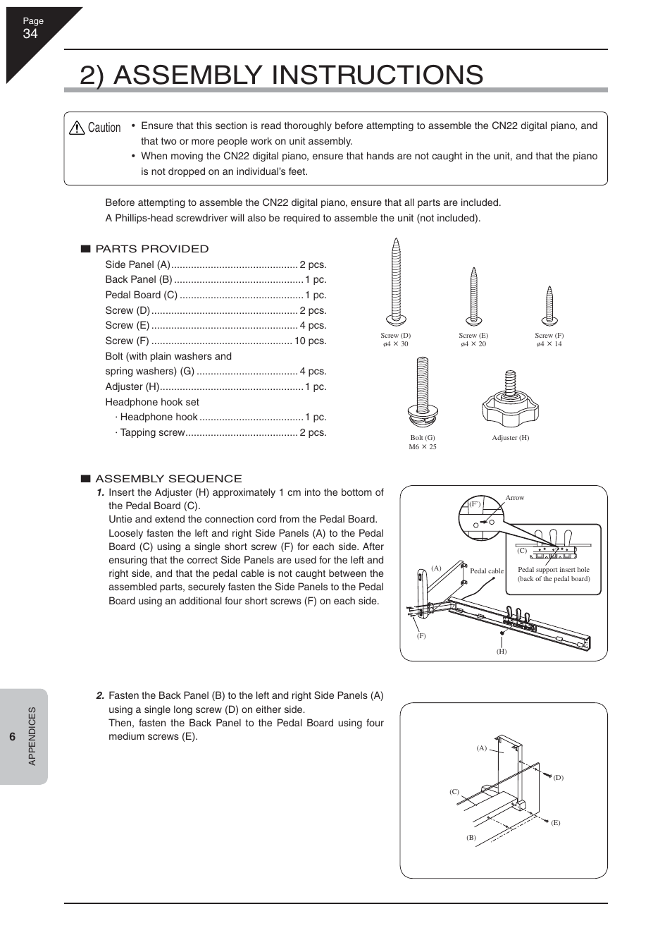 2) assembly instructions, Caution | Kawai CN22 User Manual | Page 34 / 42