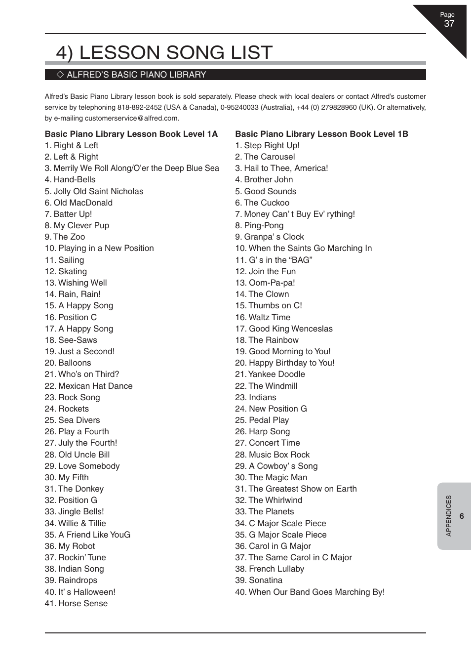 4) lesson song list | Kawai CN22 User Manual | Page 37 / 42