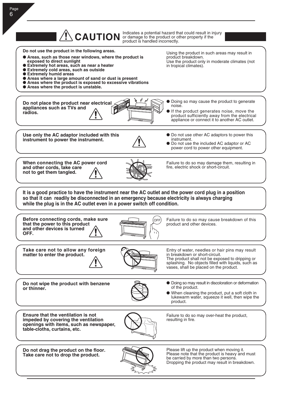 Caution | Kawai CN22 User Manual | Page 6 / 42