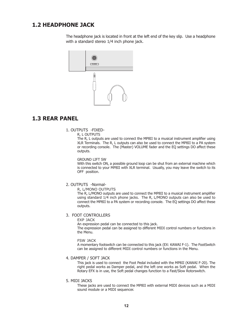 2 headphone jack, 3 rear panel | Kawai Professional Stage Piano MP8II User Manual | Page 12 / 76