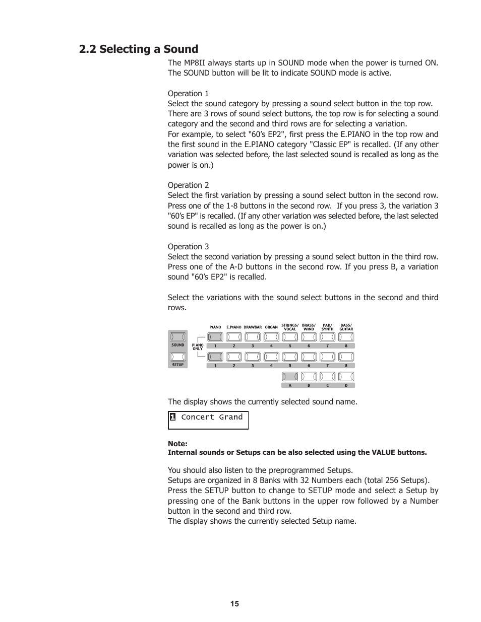 2 selecting a sound | Kawai Professional Stage Piano MP8II User Manual | Page 15 / 76