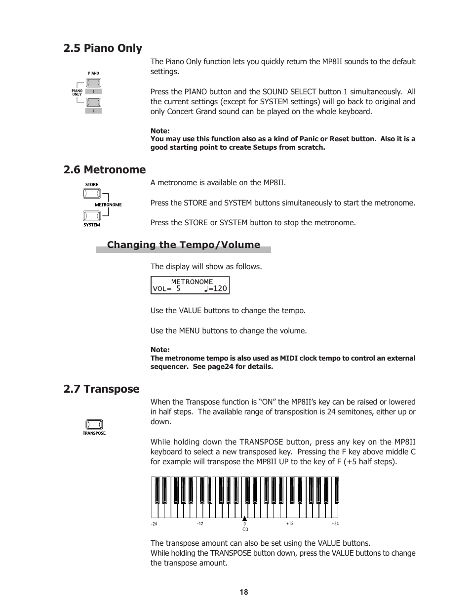 5 piano only, 6 metronome, 7 transpose | Kawai Professional Stage Piano MP8II User Manual | Page 18 / 76