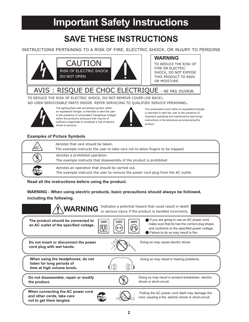 Important safety instructions, Save these instructions, Caution | Avis : risque de choc electrique, Warning | Kawai Professional Stage Piano MP8II User Manual | Page 2 / 76