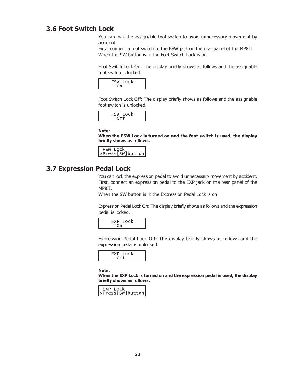 6 foot switch lock, 7 expression pedal lock | Kawai Professional Stage Piano MP8II User Manual | Page 23 / 76