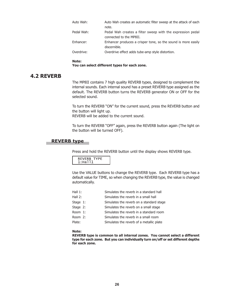 2 reverb, Reverb type | Kawai Professional Stage Piano MP8II User Manual | Page 26 / 76