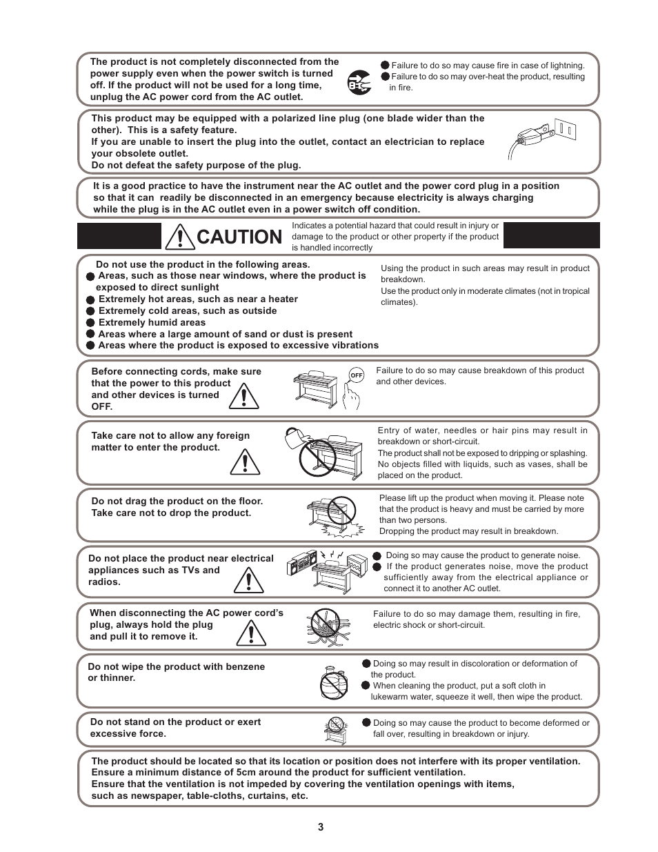 Caution | Kawai Professional Stage Piano MP8II User Manual | Page 3 / 76