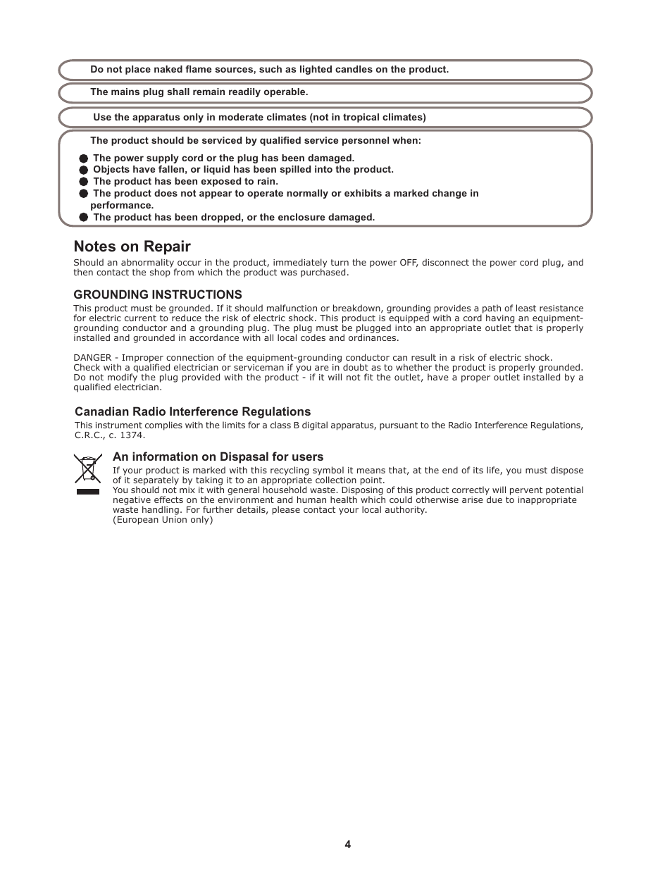 Grounding instructions, Canadian radio interference regulations, An information on dispasal for users | Kawai Professional Stage Piano MP8II User Manual | Page 4 / 76