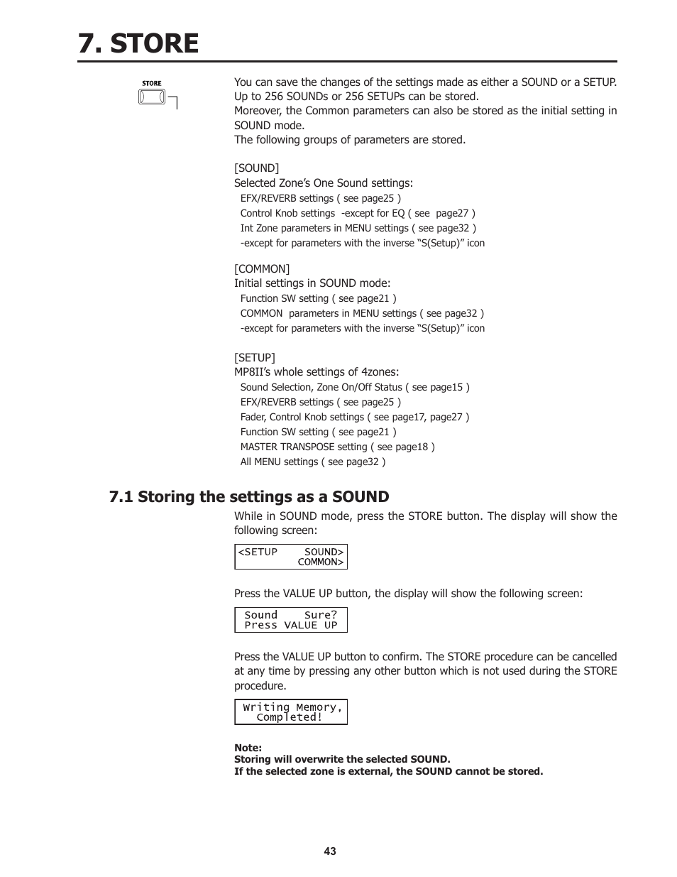 Store, 1 storing the settings as a sound | Kawai Professional Stage Piano MP8II User Manual | Page 43 / 76