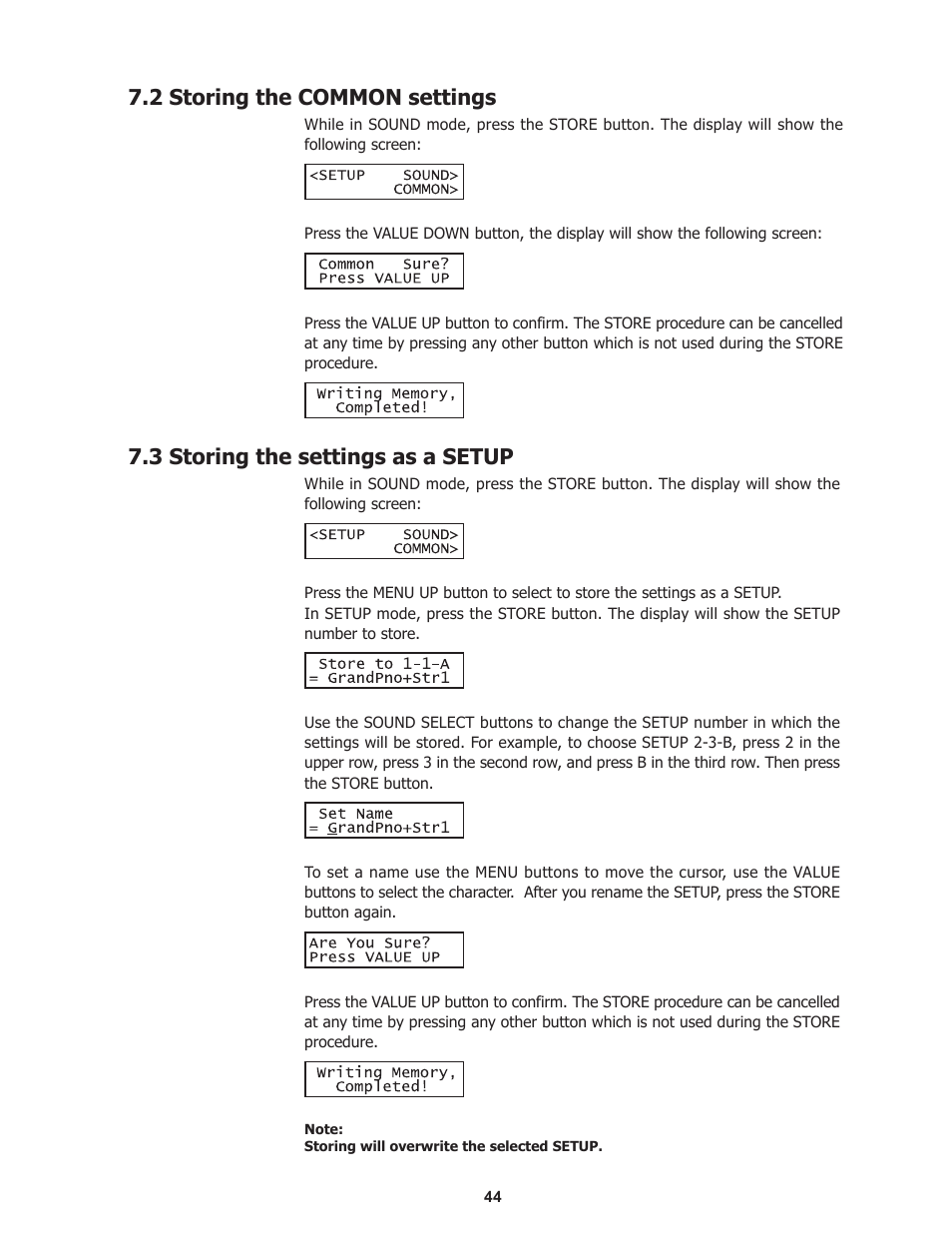 2 storing the common settings, 3 storing the settings as a setup | Kawai Professional Stage Piano MP8II User Manual | Page 44 / 76