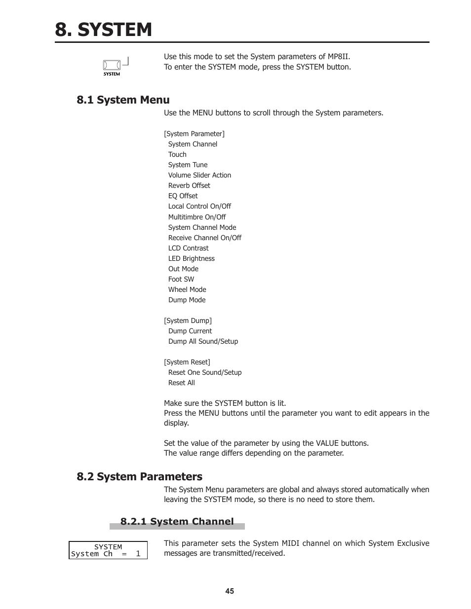 System, 1 system menu, 2 system parameters | Kawai Professional Stage Piano MP8II User Manual | Page 45 / 76