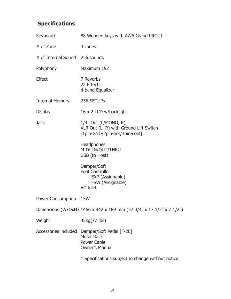 Kawai Professional Stage Piano MP8II User Manual | Page 61 / 76