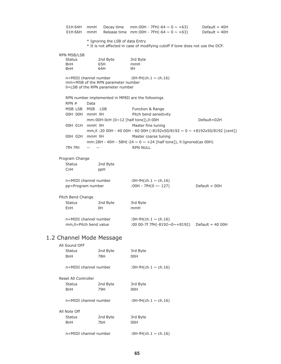 2 channel mode message | Kawai Professional Stage Piano MP8II User Manual | Page 65 / 76