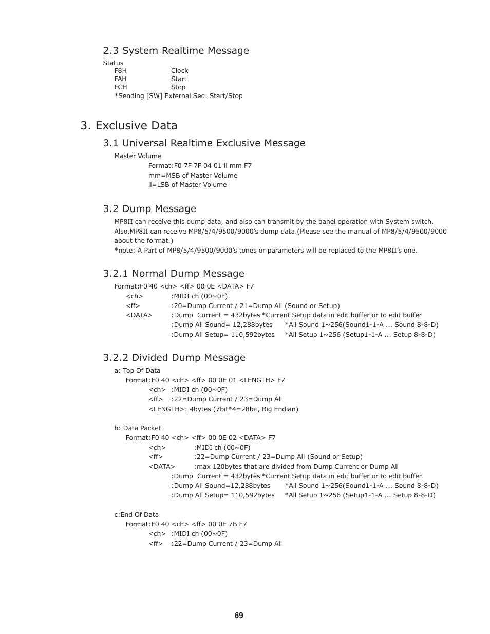 Exclusive data, 3 system realtime message, 1 universal realtime exclusive message | 2 dump message, 1 normal dump message, 2 divided dump message | Kawai Professional Stage Piano MP8II User Manual | Page 69 / 76