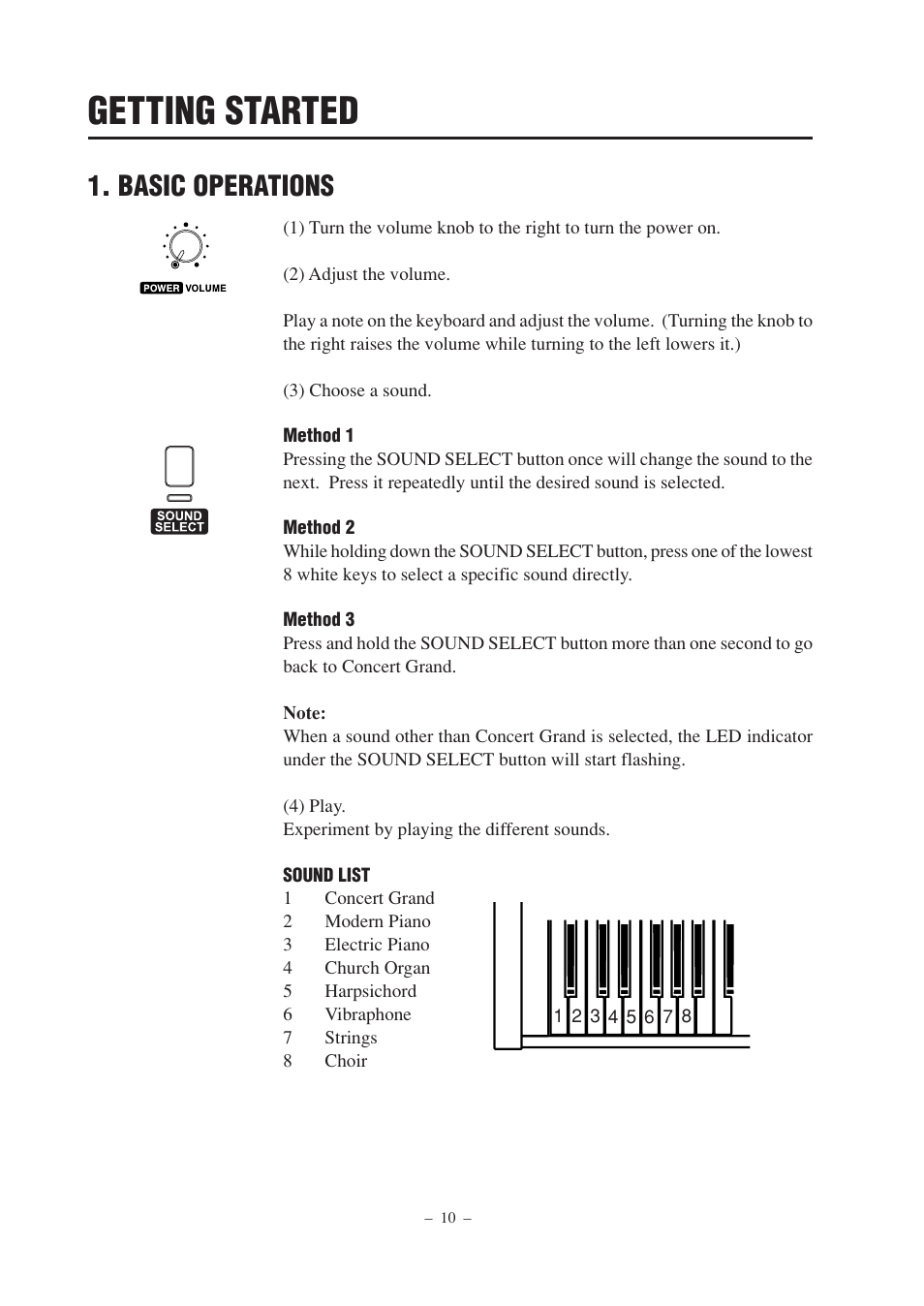 Getting started, Basic operations | Kawai CL25 User Manual | Page 10 / 28