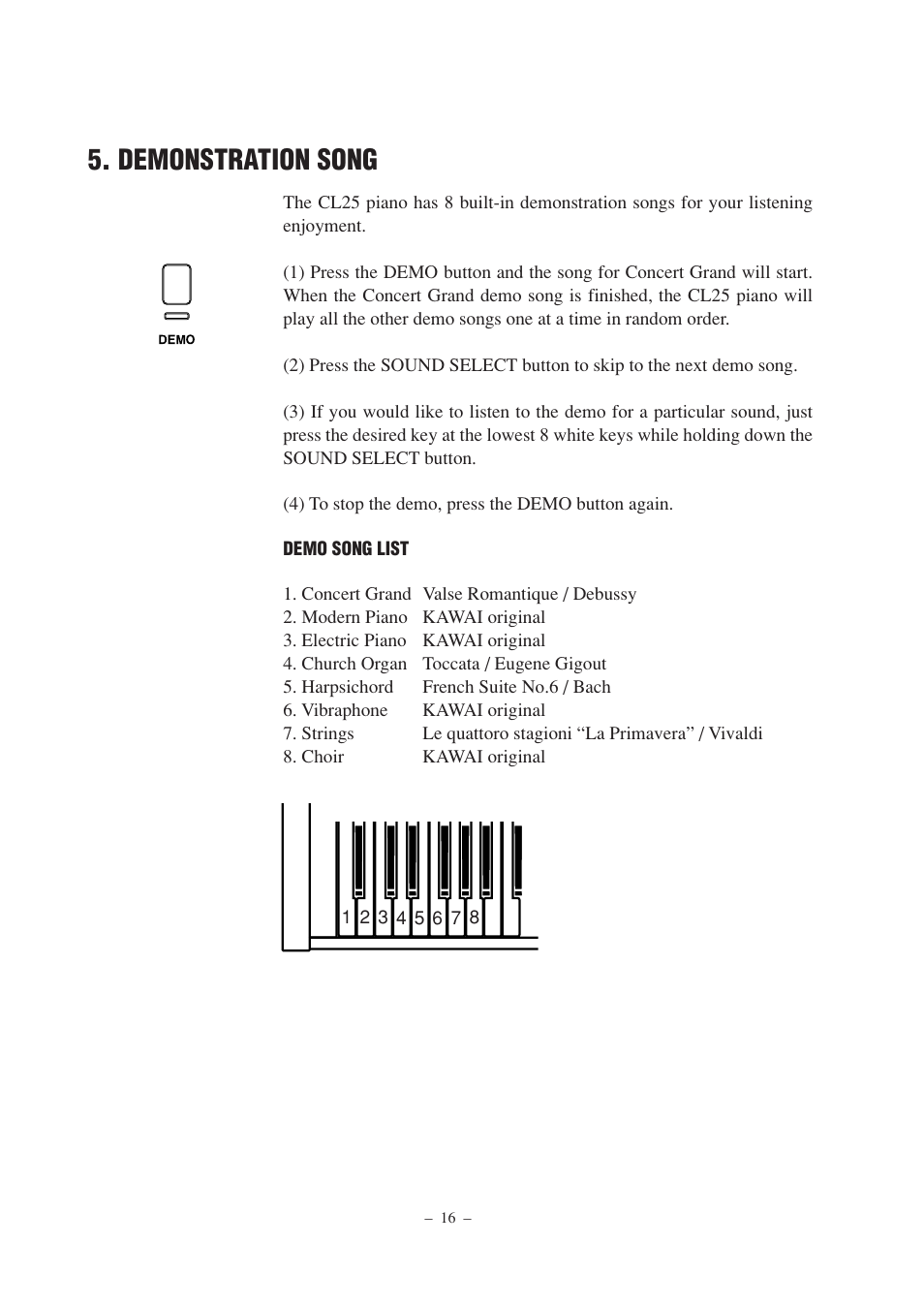 Demonstration song | Kawai CL25 User Manual | Page 16 / 28