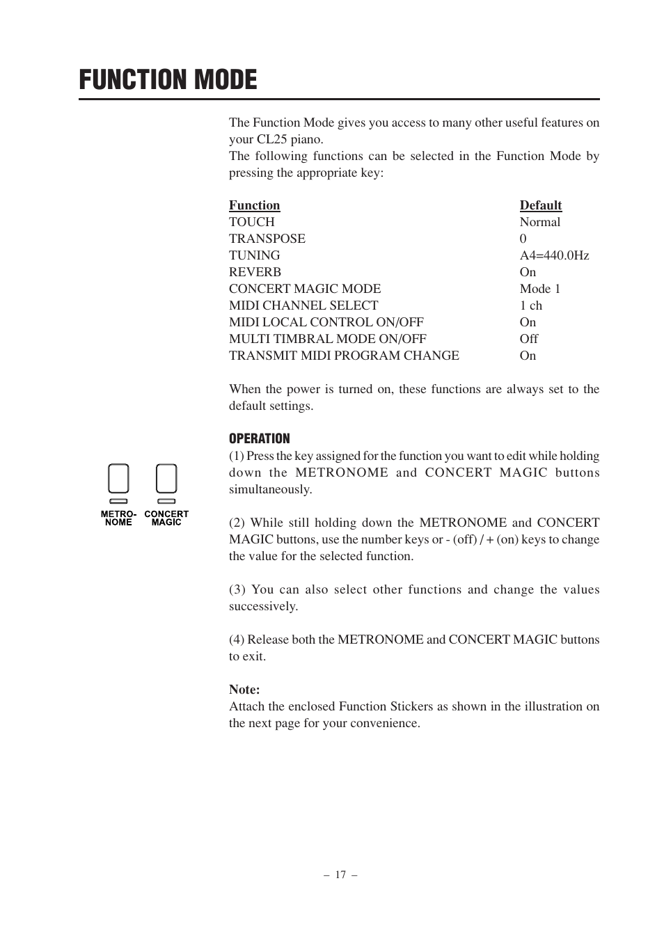 Function mode | Kawai CL25 User Manual | Page 17 / 28